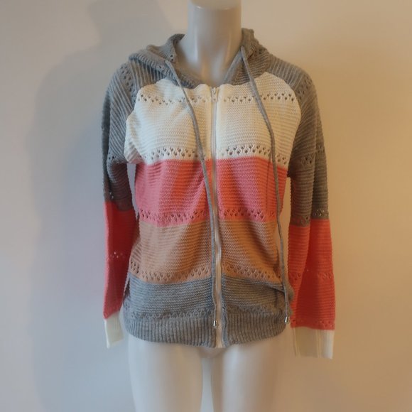 NWT Womens Made With Love Pink, Org, Wht, Gray Hooded Open Knit Zip Cardigan S * - Picture 1 of 5